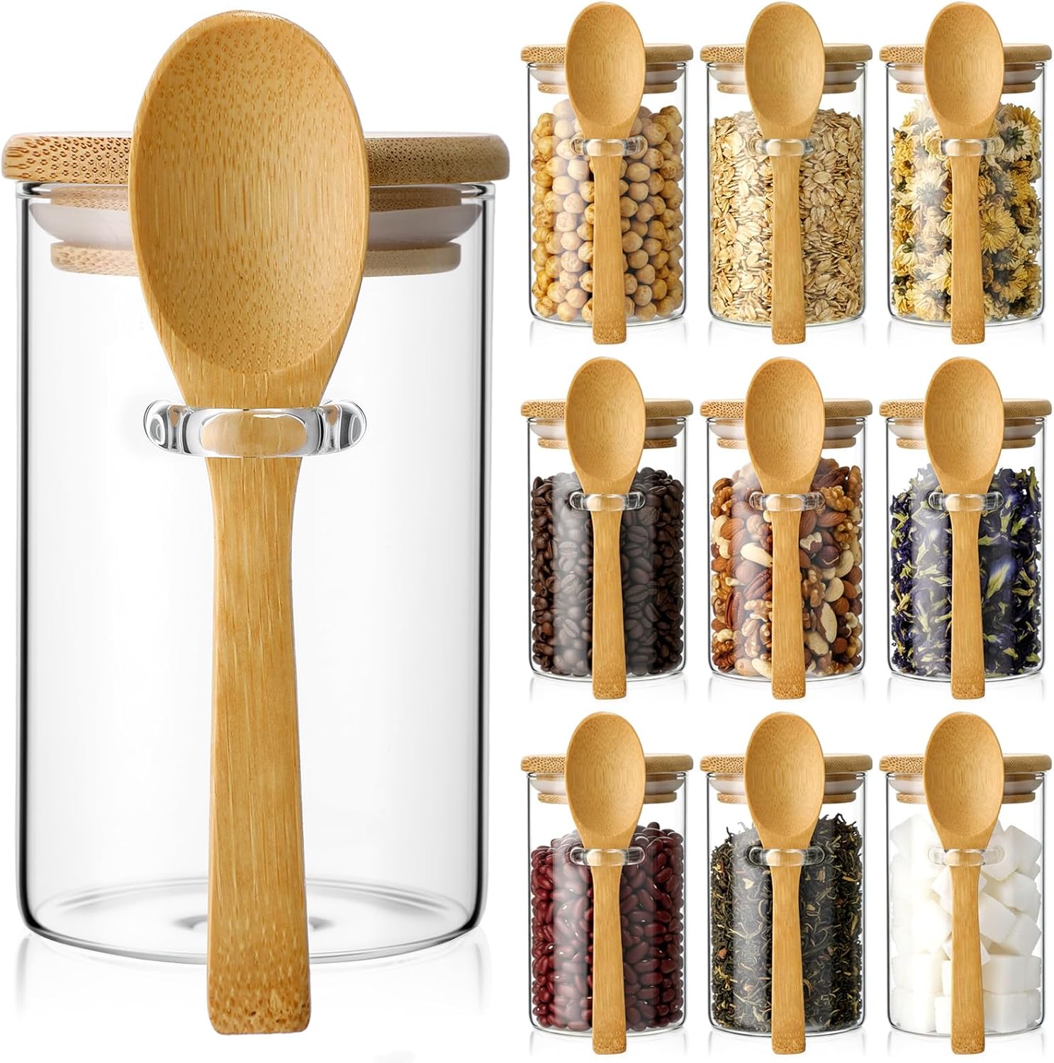 Food Storage Containers - 10 Pack Glass Jars with Bamboo